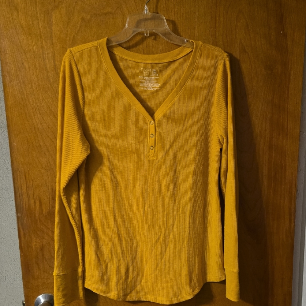 Women's Mustard Long Sleeve Henley Top: XL : A